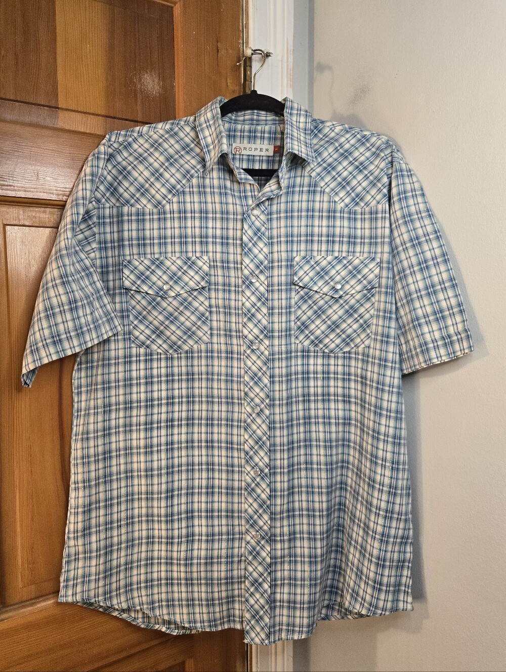 Roper Men's Blue, White, And Gold Plaid Short-Sleeve Shirt Sz L